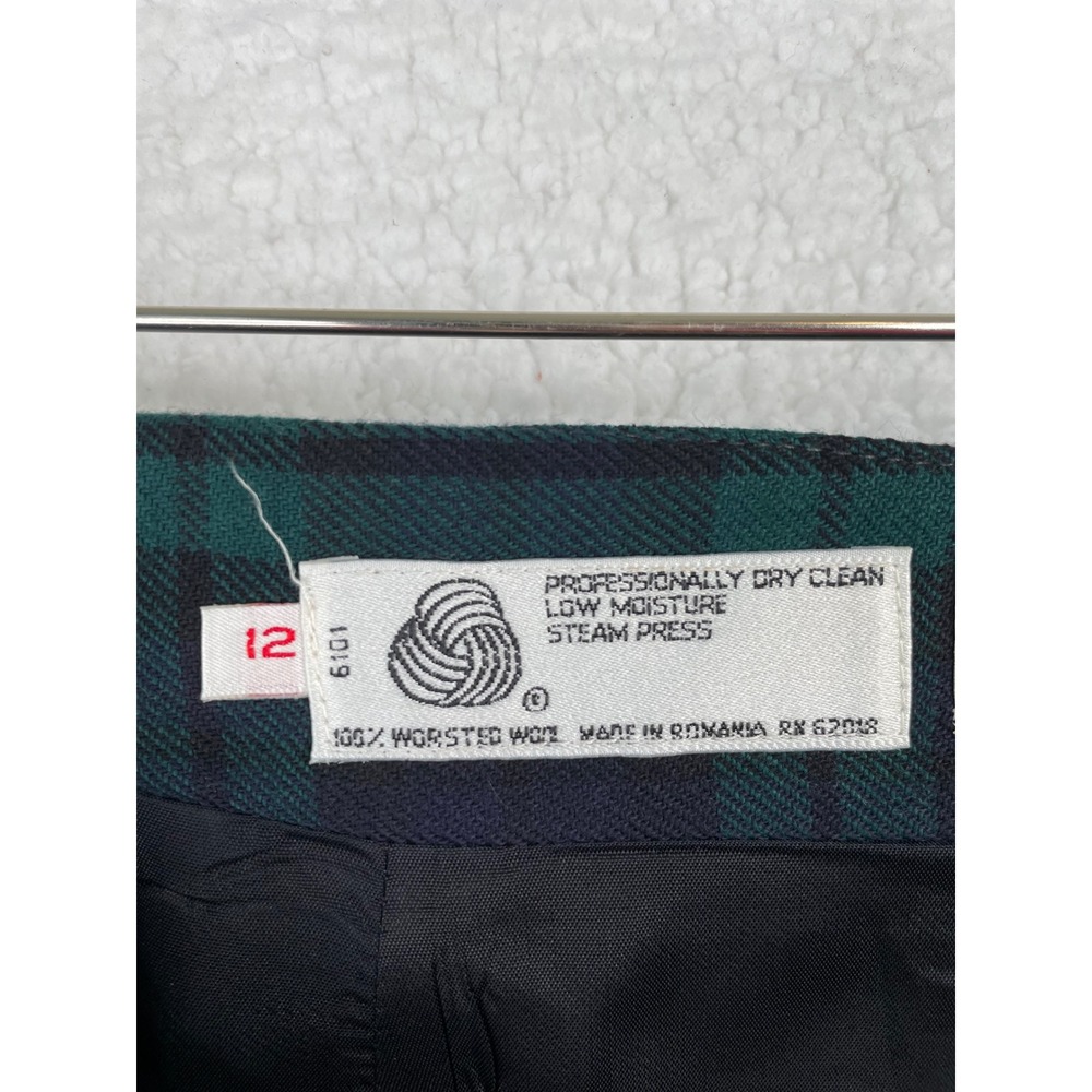 Rafaella Petites Wool Wrap Skirt Black Watch Plaid Fringed Midi Green Navy 12P - Picture 10 of 10